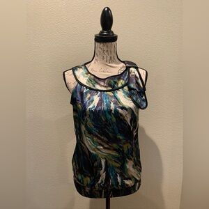 Iz Byer Teal Navy White Abstract Satin Shell Top
